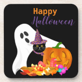 ハロウィーンの幽霊と黒猫のプラスチック製  コースター (正面)