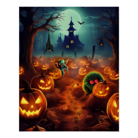 ハロウィーンの幽霊に取り憑かれたカボチャ畑 ポスター (正面)