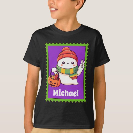 ハロウィーンの幽霊のカスタム子供の名前の郵便切手 Tシャツ (正面)