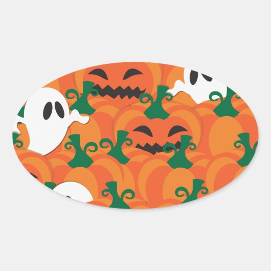 ハロウィーンの幽霊の不気味なカボチャ畑 楕円形シール (正面)
