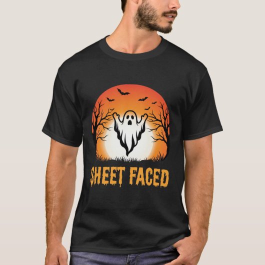 ハロウィーンの幽霊の夕焼けデザインのフェイスシート Tシャツ (正面)