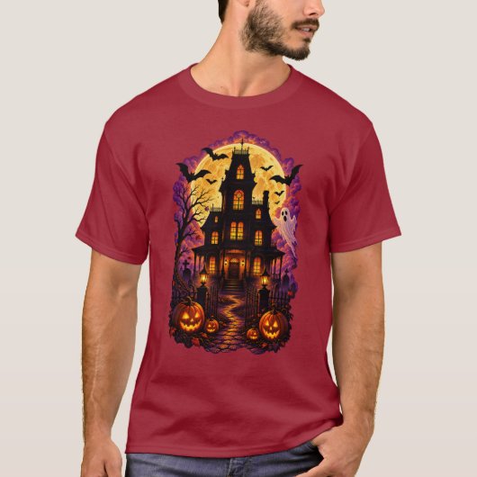 ハロウィーンの幽霊の家 満月 不気味な夜 Tシャツ (正面)