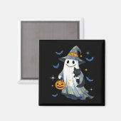 ハロウィーンの幽霊の魔女が黒猫を持つ面白いハロウィン マグネット (正面/裏面)