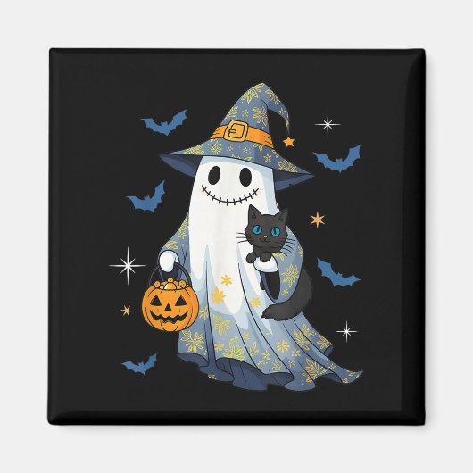 ハロウィーンの幽霊の魔女が黒猫を持つ面白いハロウィン マグネット (正面)