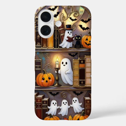 ハロウィーンの幽霊スマホケース かぼちゃ 猫 本棚 Case-Mate iPhoneケース (裏面)