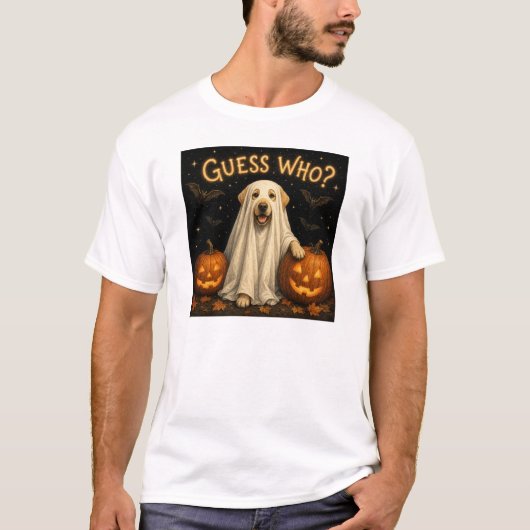 ハロウィーンの幽霊ラブラドール犬デザイン Guess Who? Tシャツ (正面)