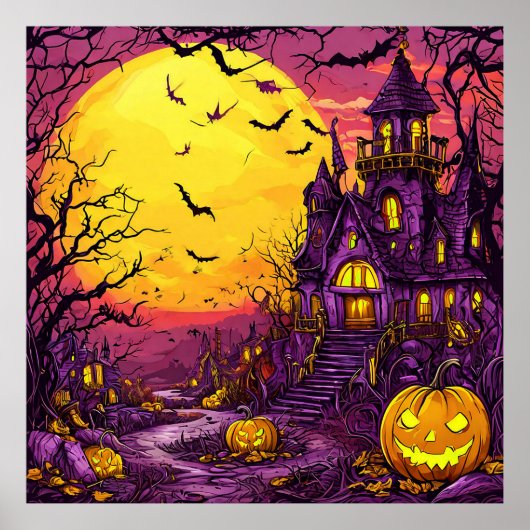 ハロウィーンの幽霊城のかぼちゃとコウモリの暗いシーン ポスター (正面)