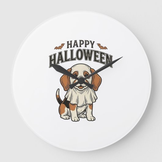 ハロウィーンの幽霊犬ビンテージ彫刻Tシャツ_ ラージ壁時計 (正面)