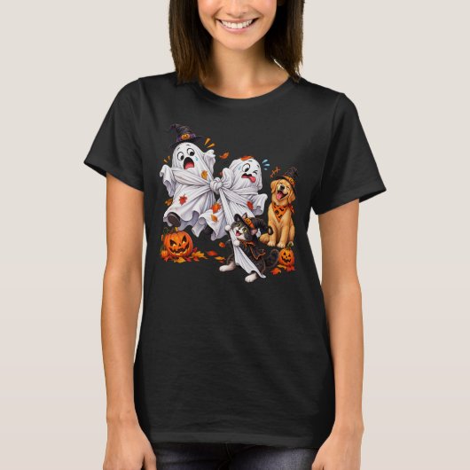 ハロウィーンの幽霊猫犬の絡まる混沌 Tシャツ (正面)