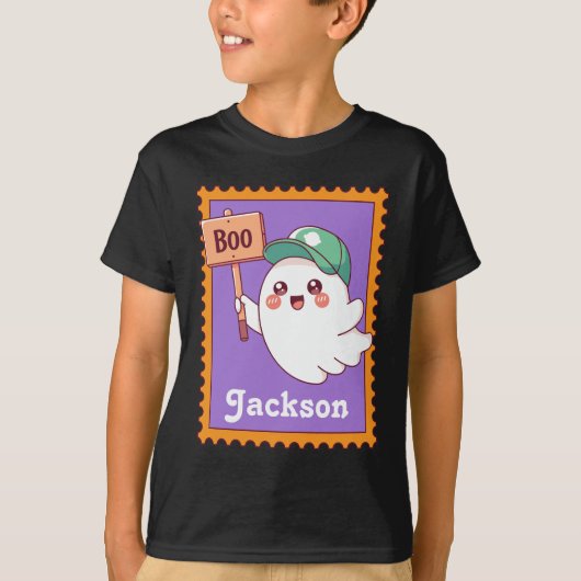 ハロウィーンの幽霊 かわいいブーサイン オリジナルキッズネーム Tシャツ (正面)