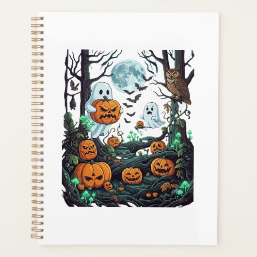 ハロウィーンの幽霊、怖いカボチャ、フクロウ、満月、コウモリ プランナー手帳 (正面)