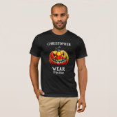 ハロウィーンの微笑むカボチャ 挑発的なブラックウェア Tシャツ (正面フル)