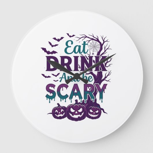 ハロウィーンの怖いスプーキーな木のかぼちゃでお食事を ラージ壁時計 (正面)