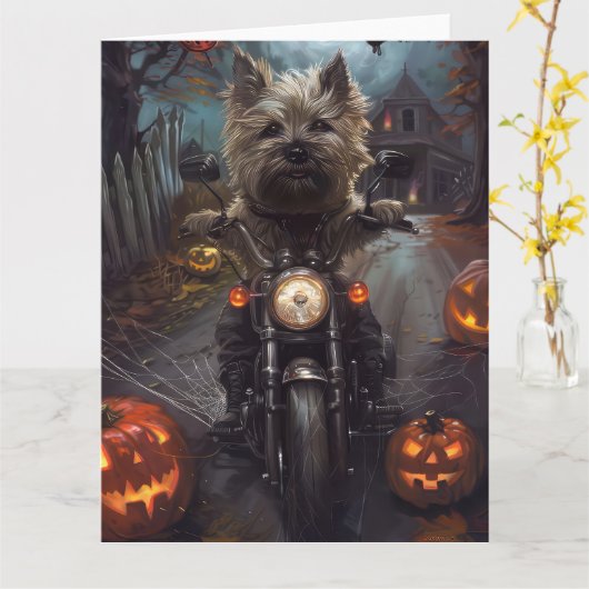 ハロウィーンの怖いバイクに乗ったケアンテリア カード (黄色い花)