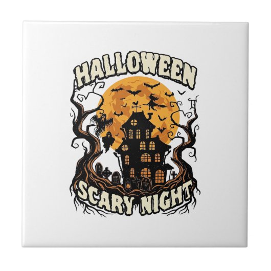ハロウィーンの怖い夜の幽霊の家の満月ウィッチ タイル (正面)
