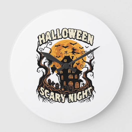 ハロウィーンの怖い夜の幽霊の家の満月ウィッチ ラージ壁時計 (正面)