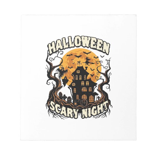 ハロウィーンの怖い夜 幽霊屋敷 満月 魔女 ノートパッド (正面)