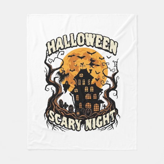 ハロウィーンの怖い夜 幽霊屋敷 満月 魔女 フリースブランケット (正面)