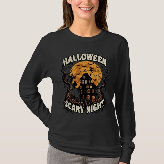 ハロウィーンの怖い夜 幽霊屋敷 満月 魔女 Tシャツ (正面)