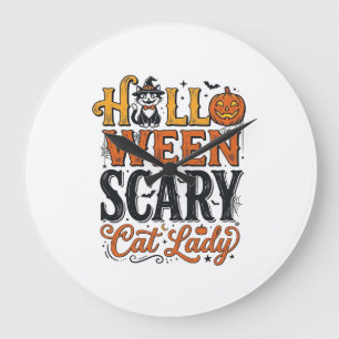 ハロウィーンの怖い猫のレディヴィンテージの猫のTシャツデザイン_ ラージ壁時計