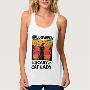 ハロウィーンの怖い猫のレディ ヴィンテージの彫刻Tシャツ D タンクトップ