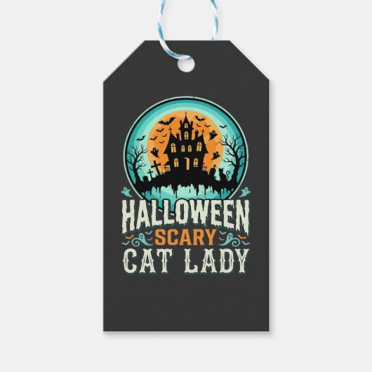 ハロウィーンの怖い猫の女性の幽霊の家のデザイン_1 ギフトタグ (正面)