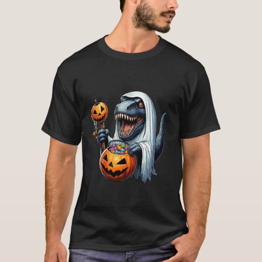 ハロウィーンの恐ろしい恐竜の幽霊のお菓子入れ 1 Tシャツ (正面)