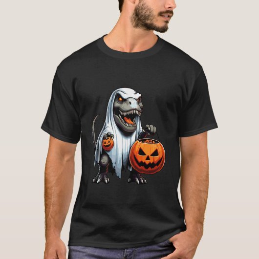 ハロウィーンの恐ろしい恐竜の幽霊のお菓子入れ 2 Tシャツ (正面)