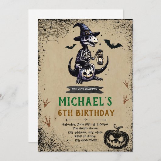 ハロウィーンの恐竜の誕生日の招待状 招待状 (正面/裏面)