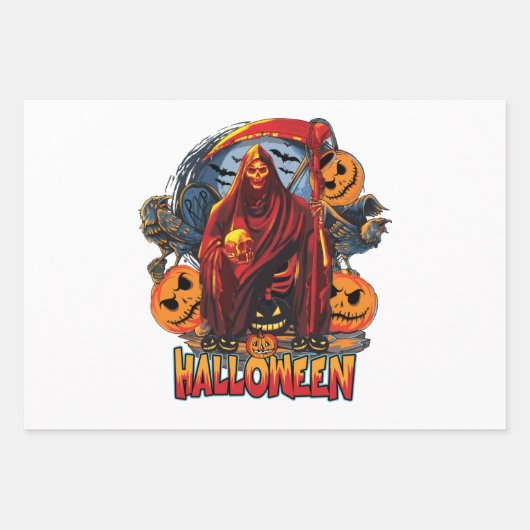 ハロウィーンの悪のスケルトン、カボチャ ラッピングペーパーシート (正面2)