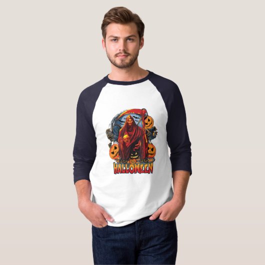 ハロウィーンの悪のスケルトン、カボチャ Tシャツ (正面フル)