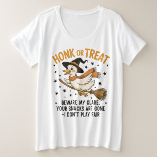 ハロウィーンの愉快なガチョウ「ホンク オア トリート」 プラスサイズTシャツ