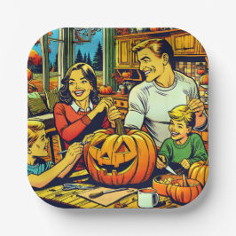 ハロウィーンの懐かしい家族のかぼちゃの彫刻 ペーパープレート
