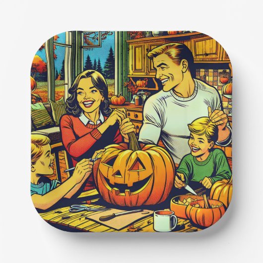 ハロウィーンの懐かしい家族のかぼちゃの彫刻 ペーパープレート (正面)