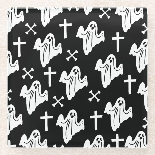 ハロウィーンの手描きパターンの背景 ガラスコースター (正面)