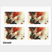 ハロウィーンの挨拶ガールと黒猫ヴィンテージ 長方形シール (シート)