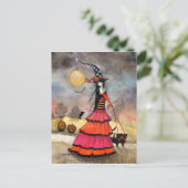 ハロウィーンの散策の魔女と黒猫アート ポストカード (スタンド正面)