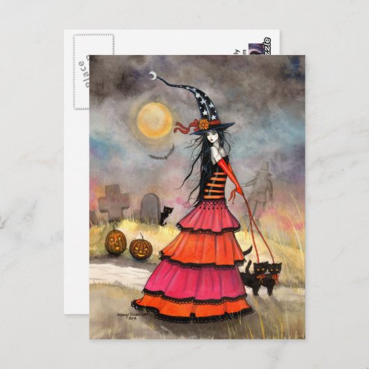 ハロウィーンの散策の魔女と黒猫アート ポストカード (正面/裏面)