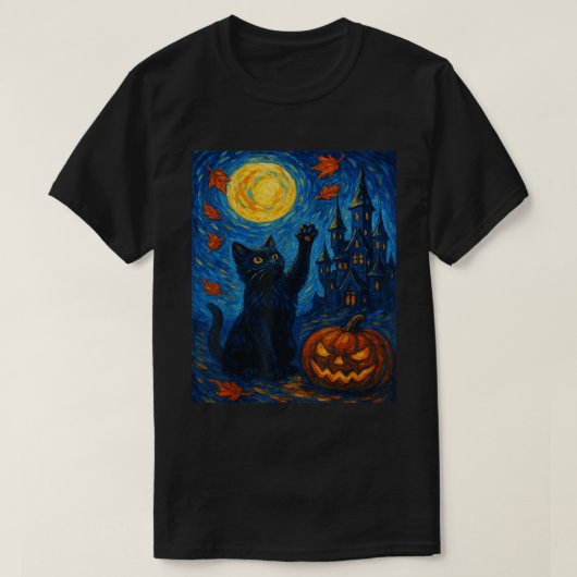 ハロウィーンの星空と黒猫の美術 Tシャツ (デザイン正面)