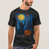 ハロウィーンの星空と黒猫の美術 Tシャツ (正面)