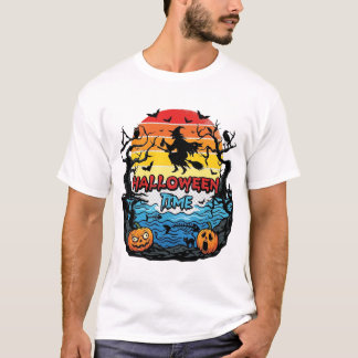 ハロウィーンの時間 ウィッチ カボチャ コウモリ 夕日_1 Tシャツ