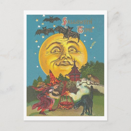 ハロウィーンの時間、満黄色の月の若い魔女 ポストカード (正面)
