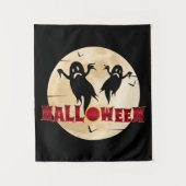 ハロウィーンの月とシルエットの幽霊とコウモリ タペストリー (正面)