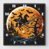 ハロウィーンの月に馬に乗る魔女 スクエア壁時計 (正面)