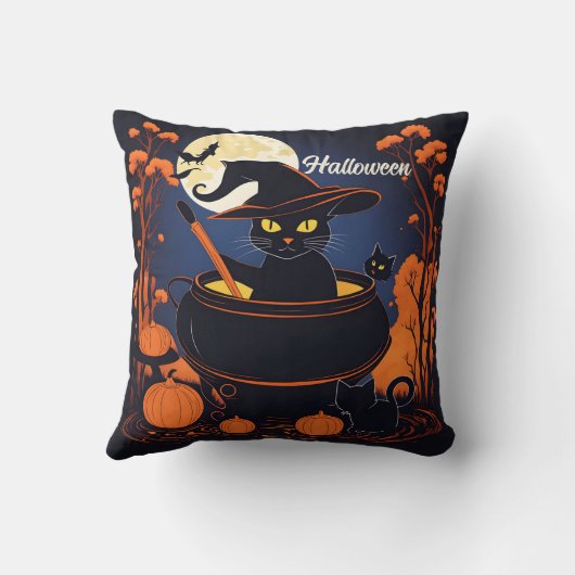 ハロウィーンの月の下で黒い猫を醸造するポーション クッション (裏面)
