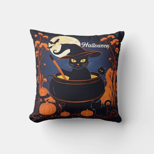 ハロウィーンの月の下で黒い猫を醸造するポーション クッション (正面)