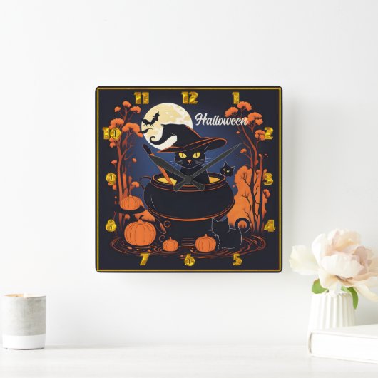 ハロウィーンの月の下で黒い猫を醸造するポーション スクエア壁時計 (ホーム)