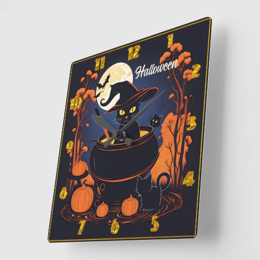 ハロウィーンの月の下で黒い猫を醸造するポーション スクエア壁時計 (傾斜)