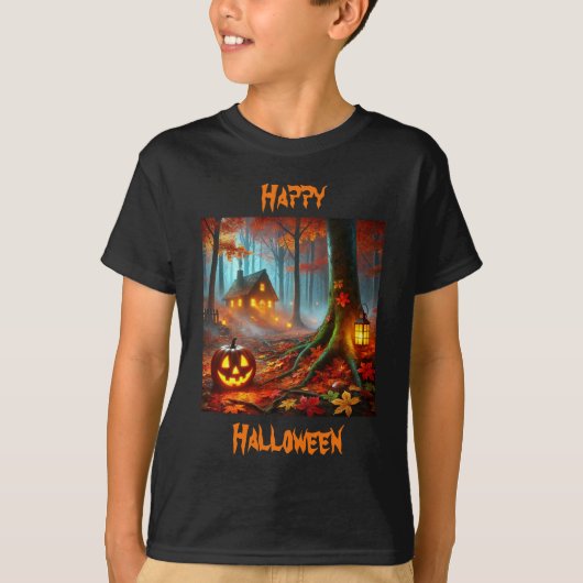 ハロウィーンの森に不気味あるジャック・オランタン Tシャツ (正面)