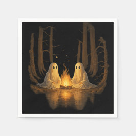 ハロウィーンの森のキャンプファイヤーと幽霊のイラスト スタンダードカクテルナプキン
